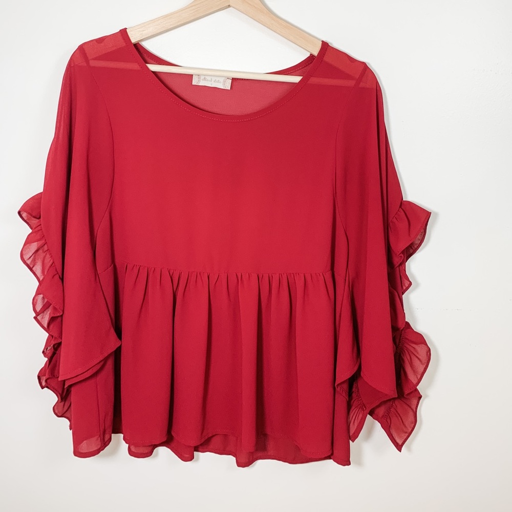 Cranberry Blouse with Open Ruffle Sleeves